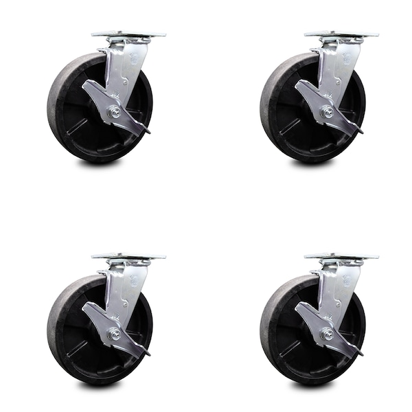 8 Inch Glass Filled Nylon Swivel Caster Set with Ball Bearings and Brakes SCC